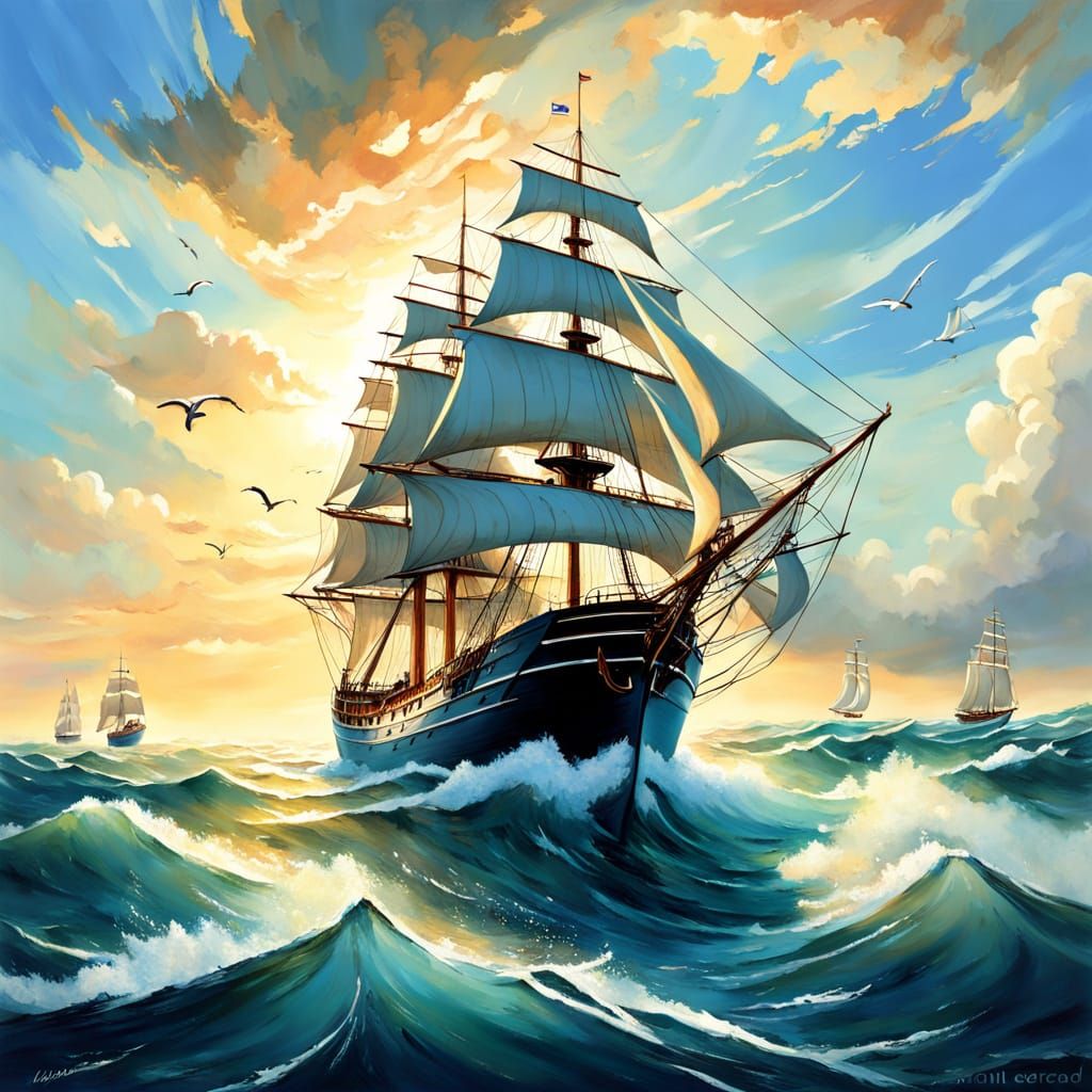 Majestic Ship Sails Forward in Golden Light