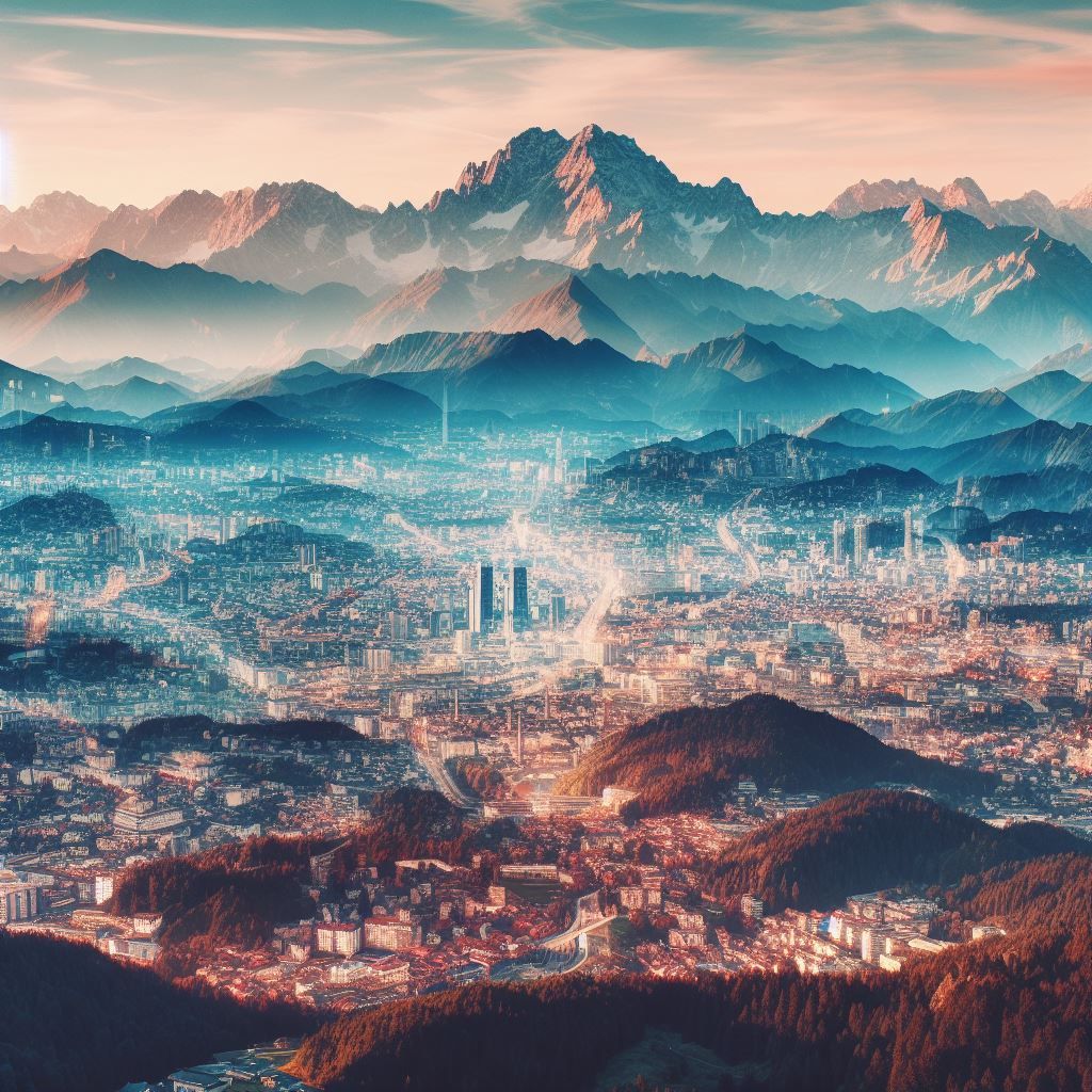 Double exposure city scape mountain scape