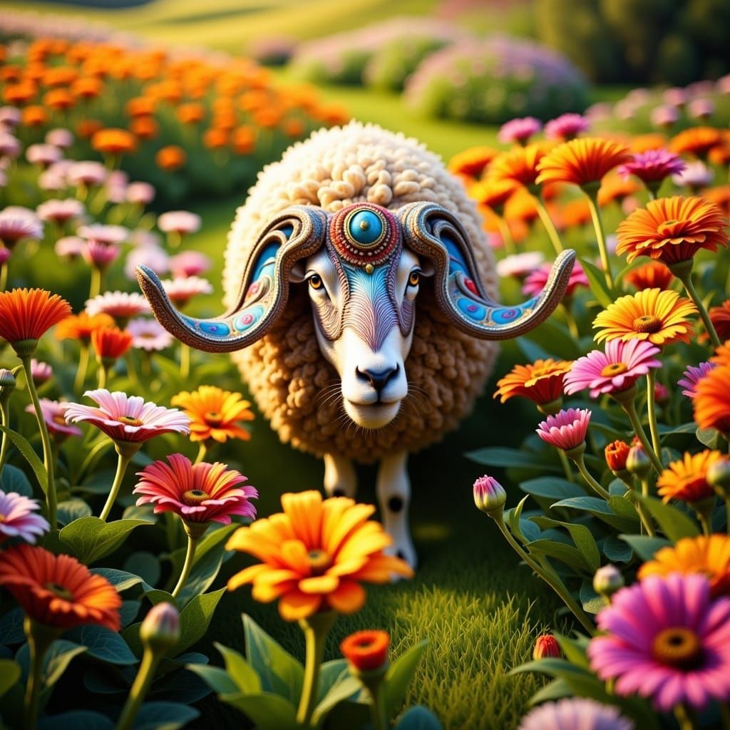 <lora:So Crazily Paisley:1.0> hyperrealism, cinematic, photo quality, sheep with paisley wool, grazing in a field of paisley flowers 