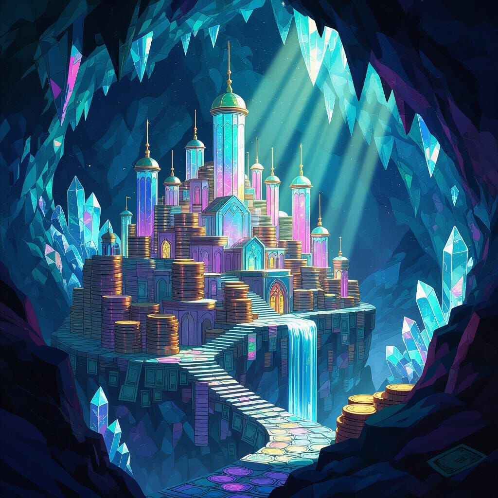 Fantasy concept art. A mythical city built entirely from shimmering, iridescent coins and folded bills, nestled within a crystal cave. Atmos...