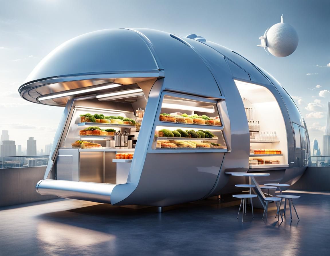 a space age food truck serving space age food super scifi biodome on ...