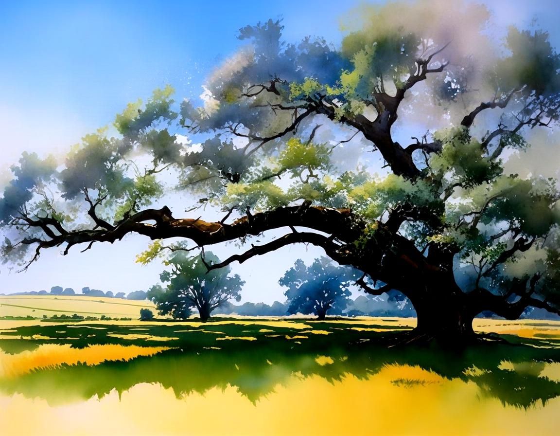 Rural Landscape, big old spreading oak tree washed in sun li...
