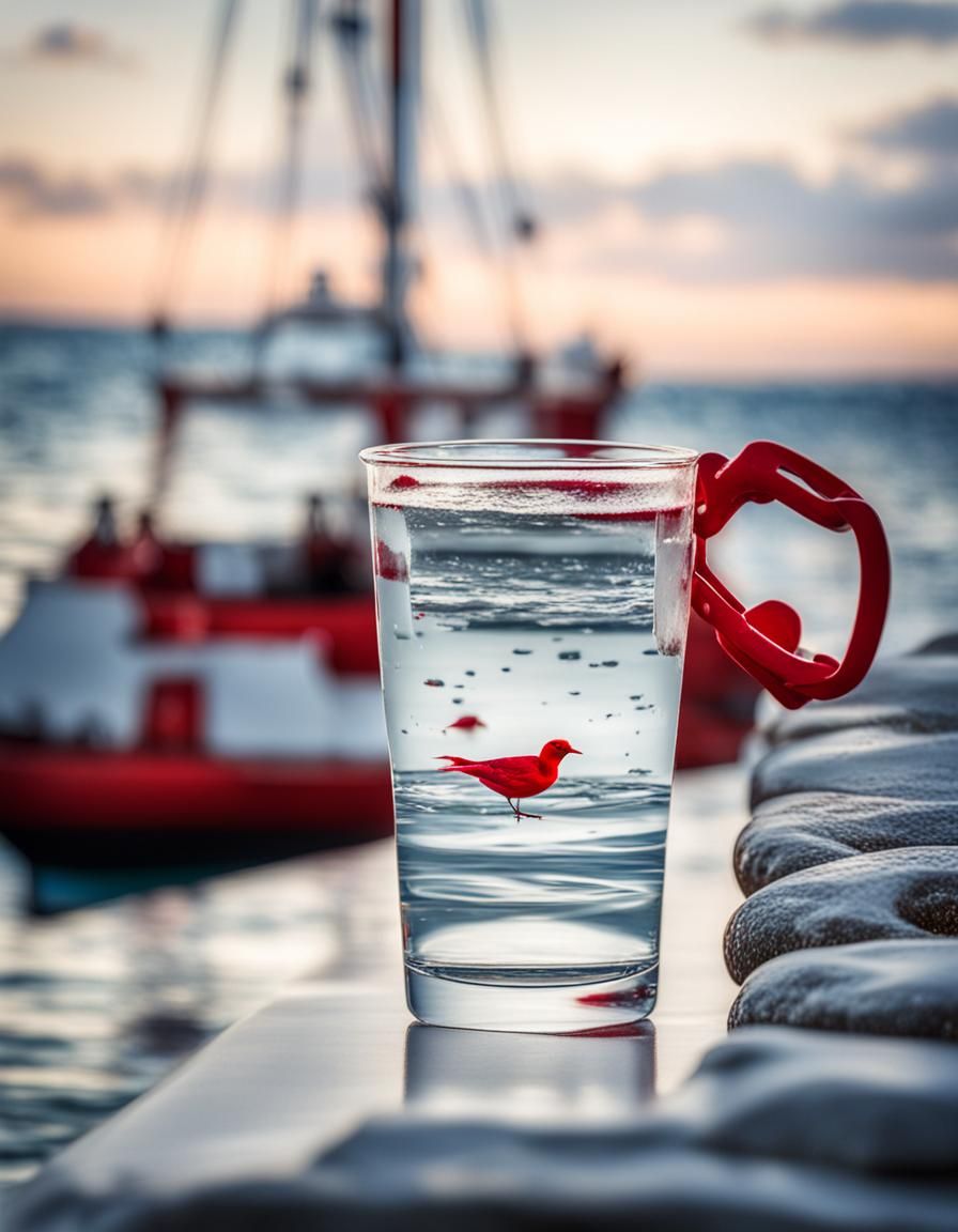 vessels in white with red as accent color over low saturated sea and sky  Professional photography, bokeh, natural lighting, canon lens, t...
