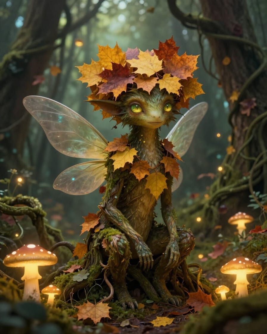 "Design a mystical forest spirit with delicate, bark-like skin and glowing, ethereal eyes in green and gold. The spirit ...