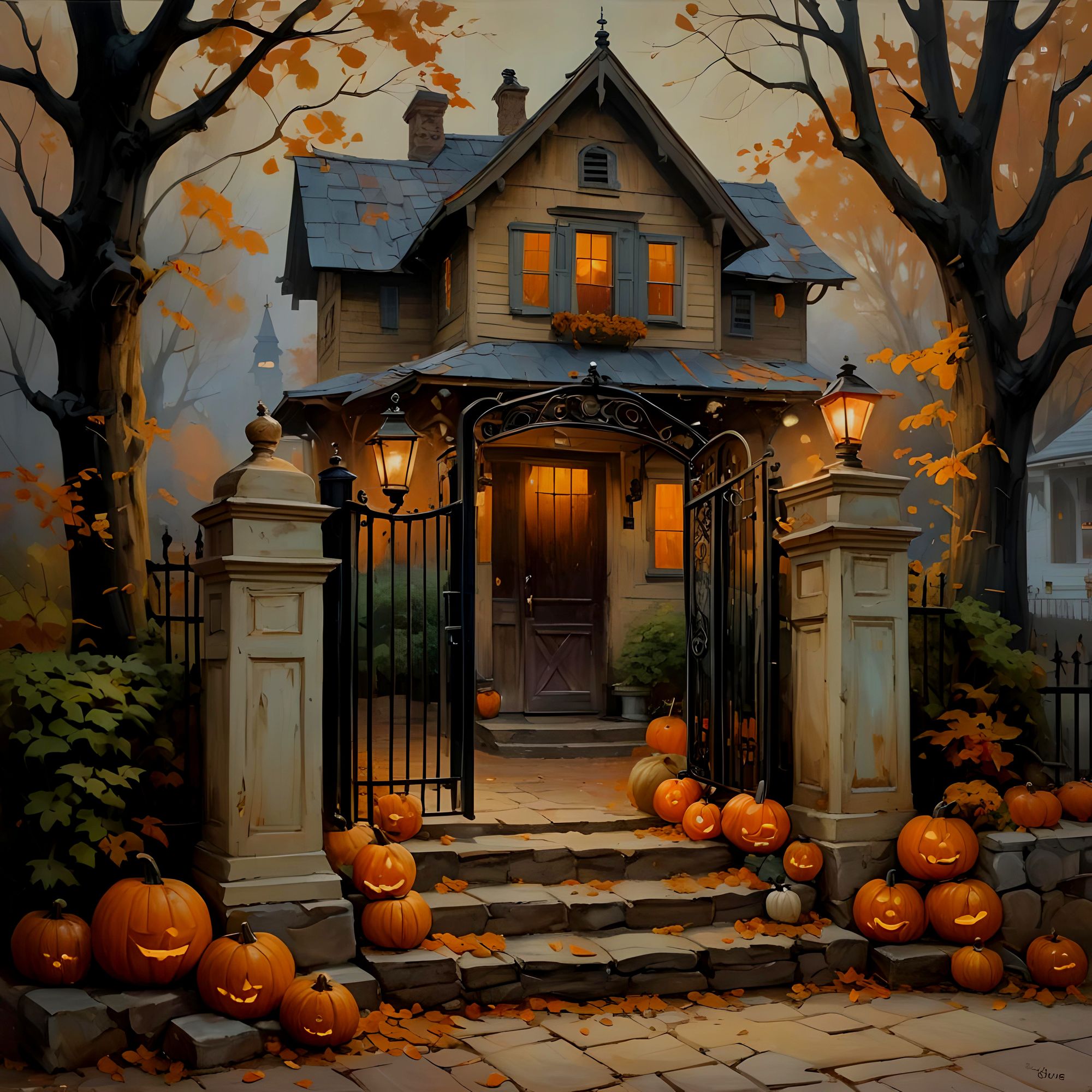 A dark autumn scene with an old house, decorated for Halloween, and fence,  a cute little ghost at an open gate, autumn colors, deeply strok... - AI  Generated Artwork - NightCafe Creator