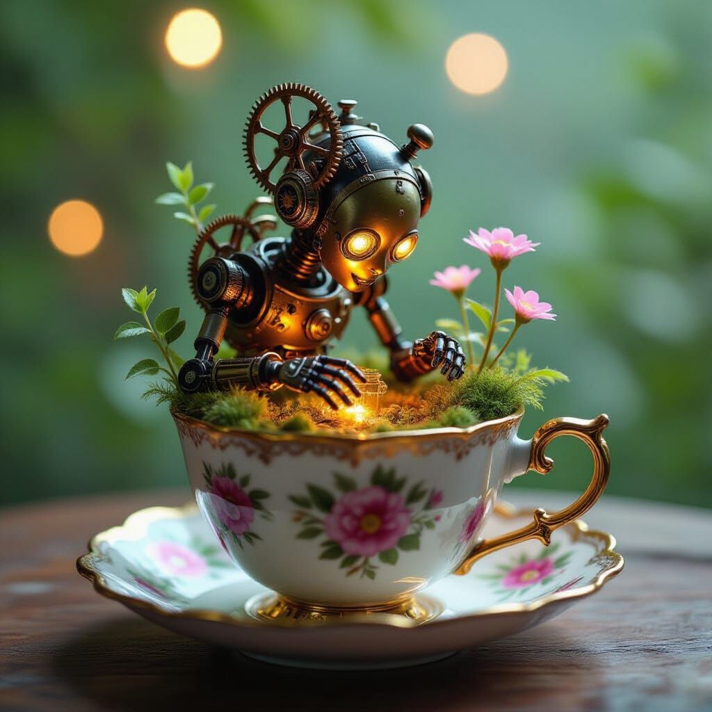 A whimsical, steampunk-inspired automaton tending to a miniature, self-contained ecosystem.