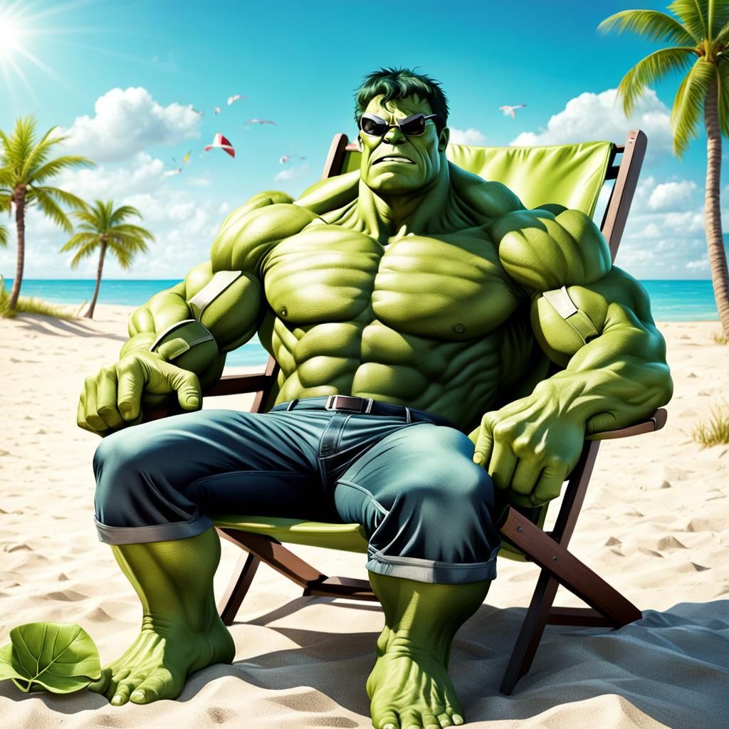 Hulk Relaxing on Beach: Funny Comic Illustration