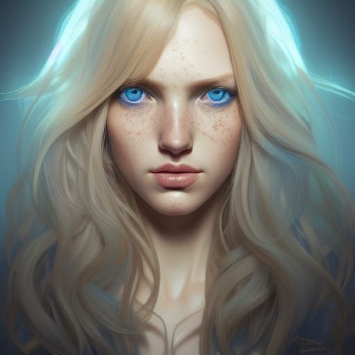 A woman with blue eyes, long blond hair, with freckles