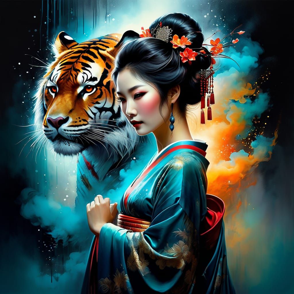 Mythical geisha and her mystical, powerful tiger companion