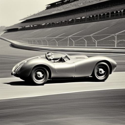 A vintage photograph of a 1956 Bugatti sports car (created from DALL.E 2) false