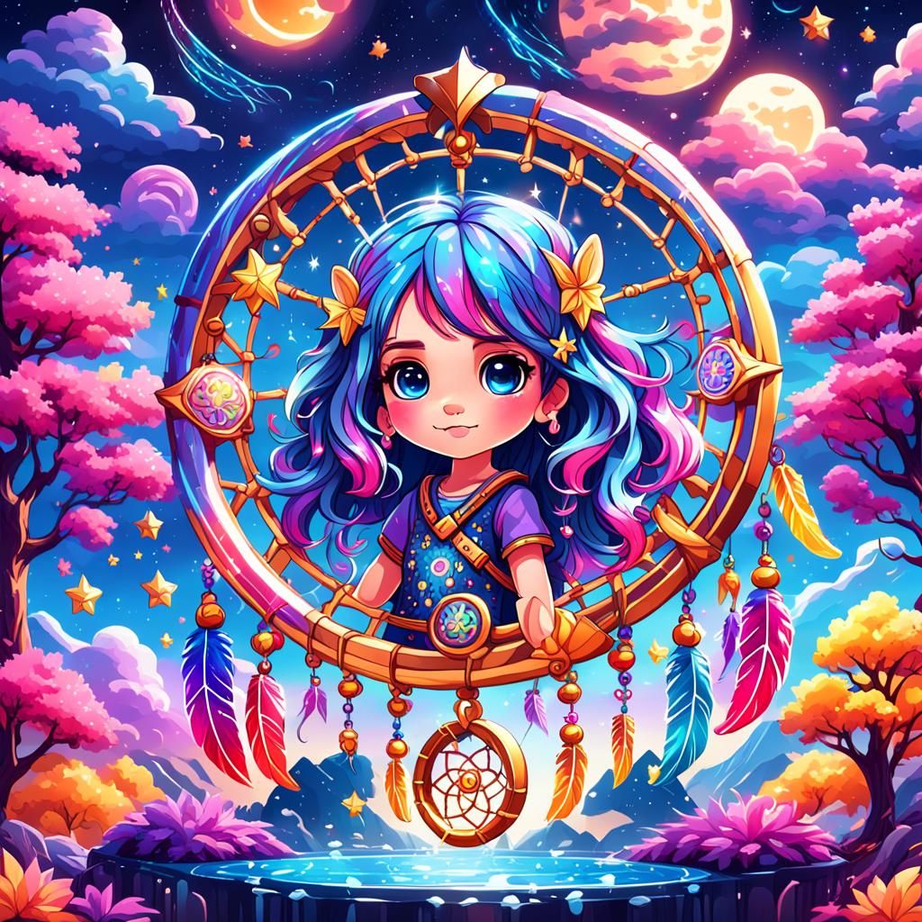 Cute chibi dream catcher in the night sky Lisa frank style