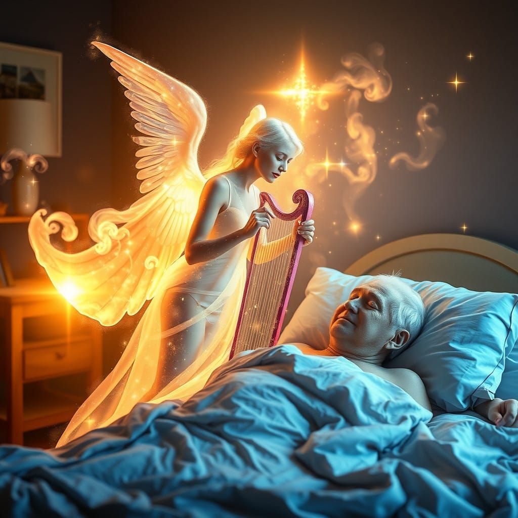 An ethereal guardian angel, its delicate form composed of undulating interstellar dust clouds, iridescent nebulae, and glittering stardust,...