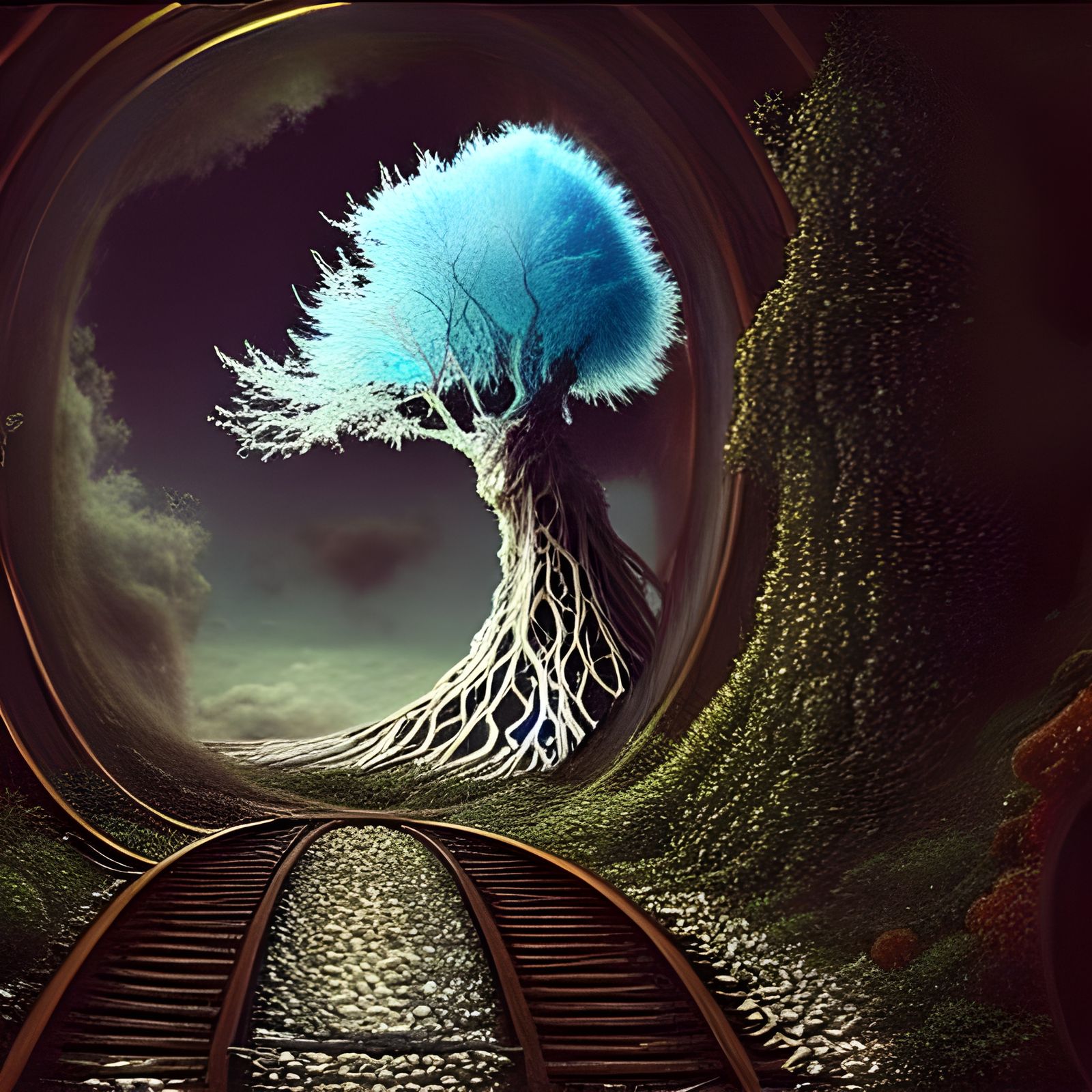 World tree wrapped in crystal vines, iridescent sky, scatter...