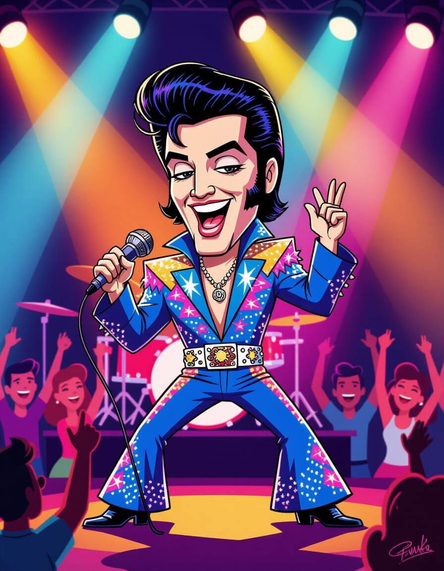 A lively cartoon caricature of Elvis Presley performing on stage, with exaggerated slick hair, huge sideburns, ...  by @SaraM