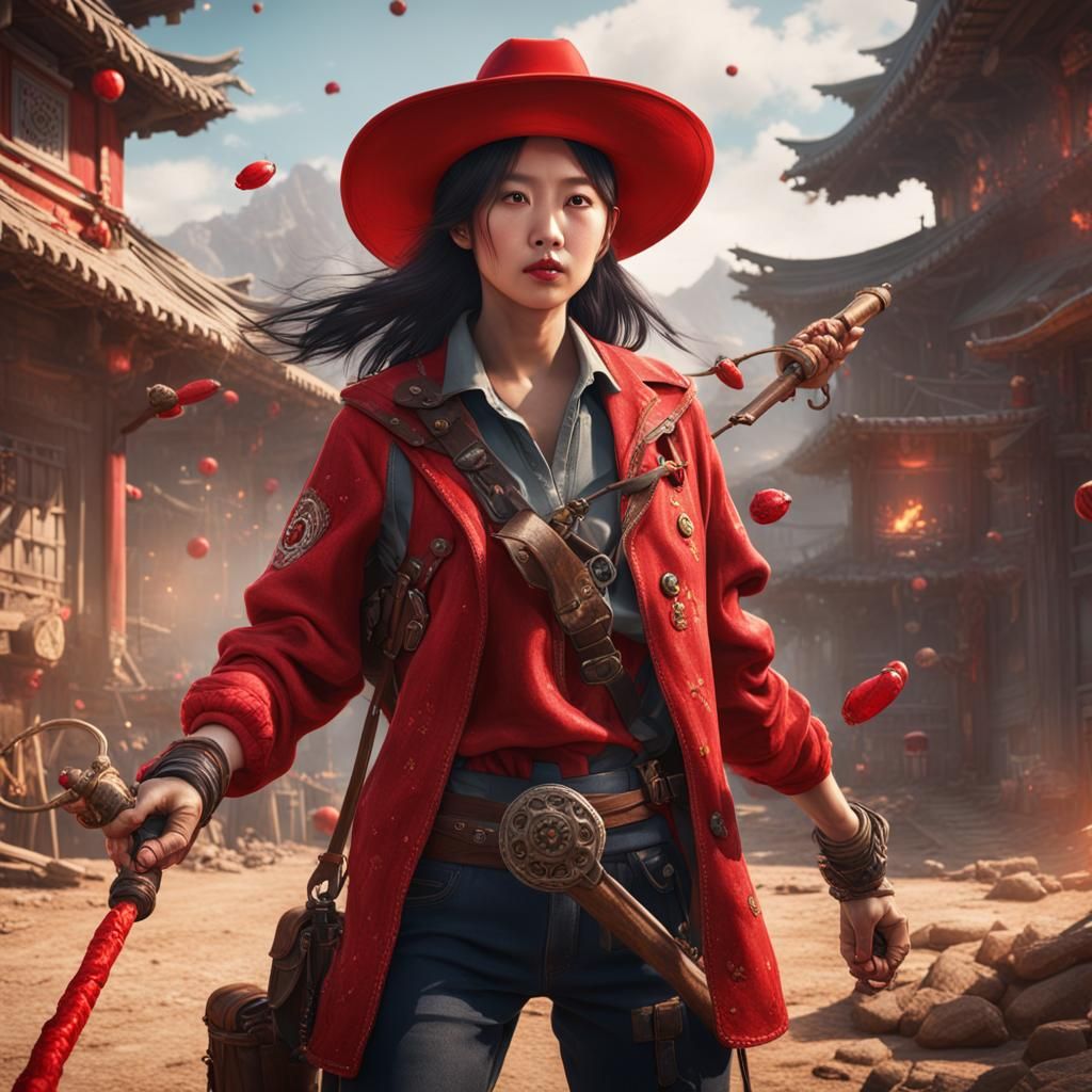 Lone Korean cowgirl in red hat tosses dynamite stick from her slingshot  while standing. - AI Generated Artwork - NightCafe Creator