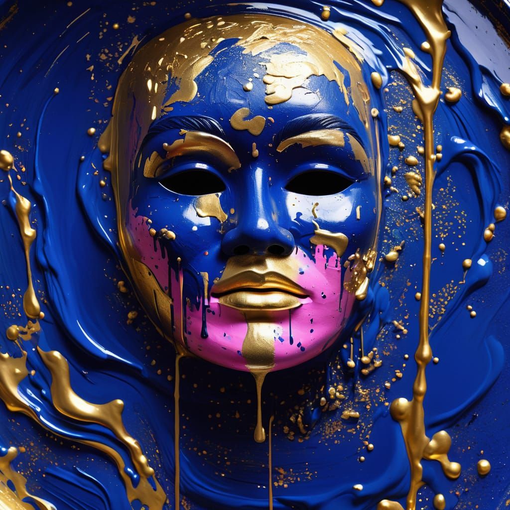 Vibrant Pastel Pink Oni Mask in a Sea of Gold and Sapphire B...
