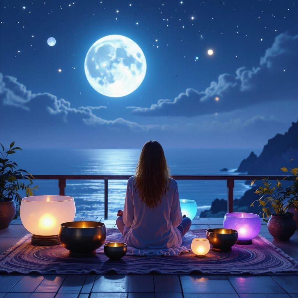 Dreamlike mystical outdoor scene under a glowing full moon, on a terrrace with sea view. In the center, crystal singing bowls, Tibetan bowls...