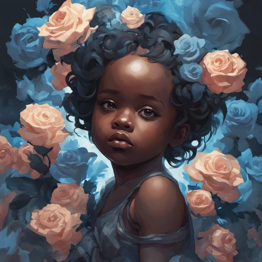 A Black Baby Surrounded By Blue Roses AI Generated Artwork a-black-baby-surrounded-by-blue-roses-ai-generated-artwork