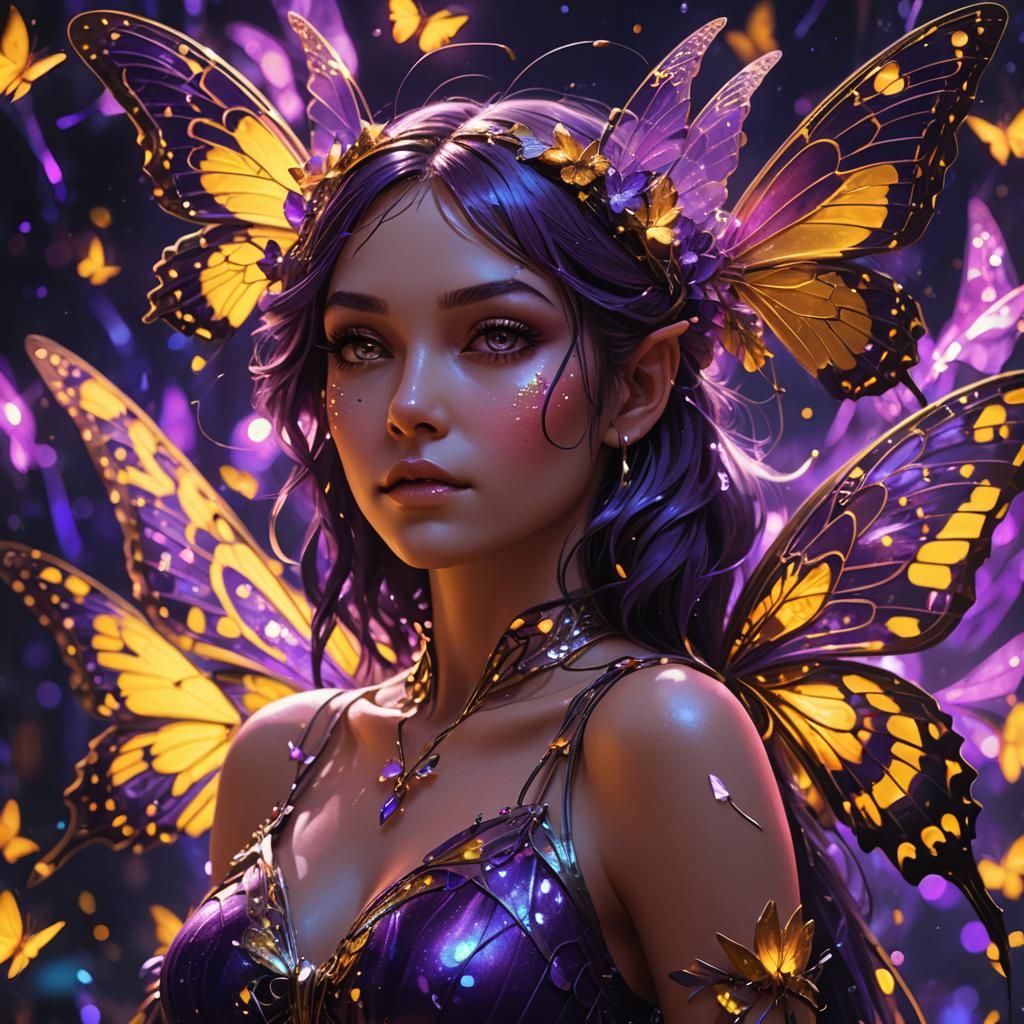 Butterfly fairy girl, sparkles neon background