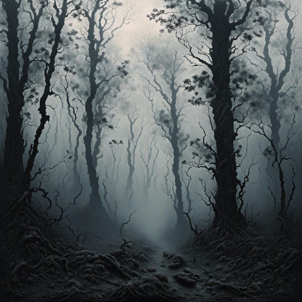 Wild woods foggy misty dark <lora:serene landscapes:1.0> 
