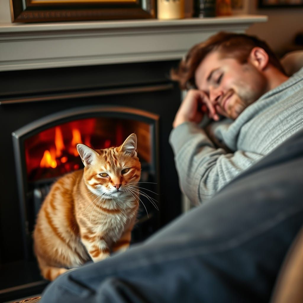 Ginger tabby cat is concerned that his owner has been *unresponsive* on the sofa for over 23 minutes.