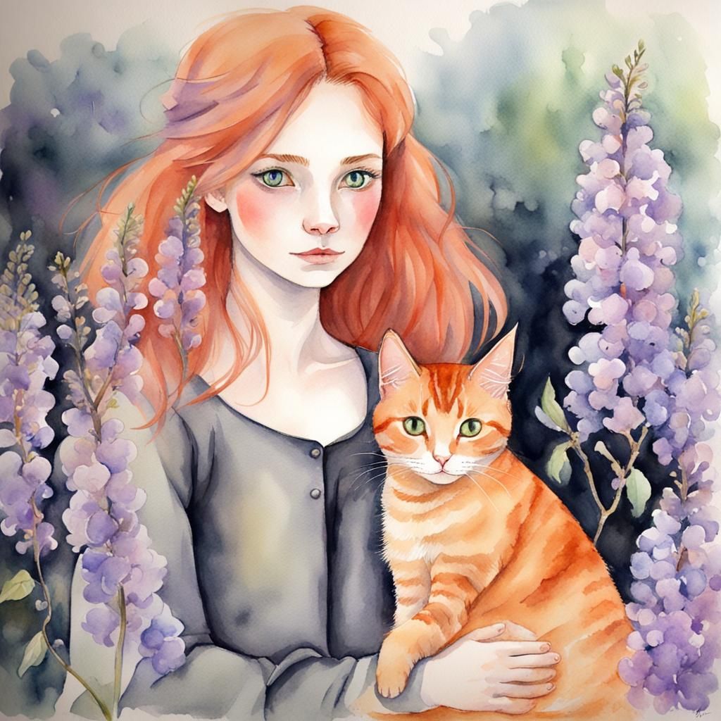 A young witch with a black pointed hat and her ginger cat, watercolor, pastels, soft, wisteria  by @vorebidden