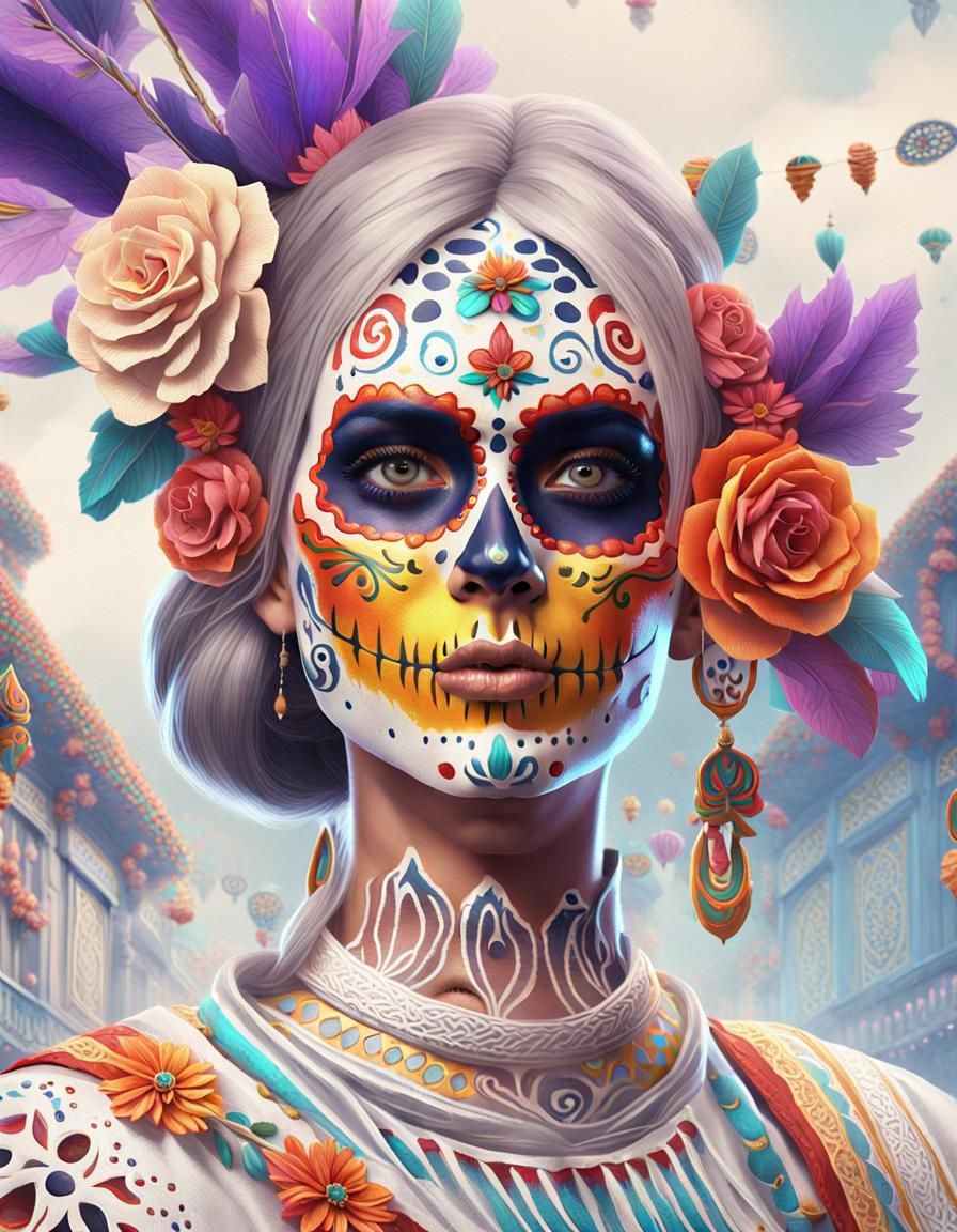 Medium shot of a beautiful woman wearing colorful Día de los Muertos ...