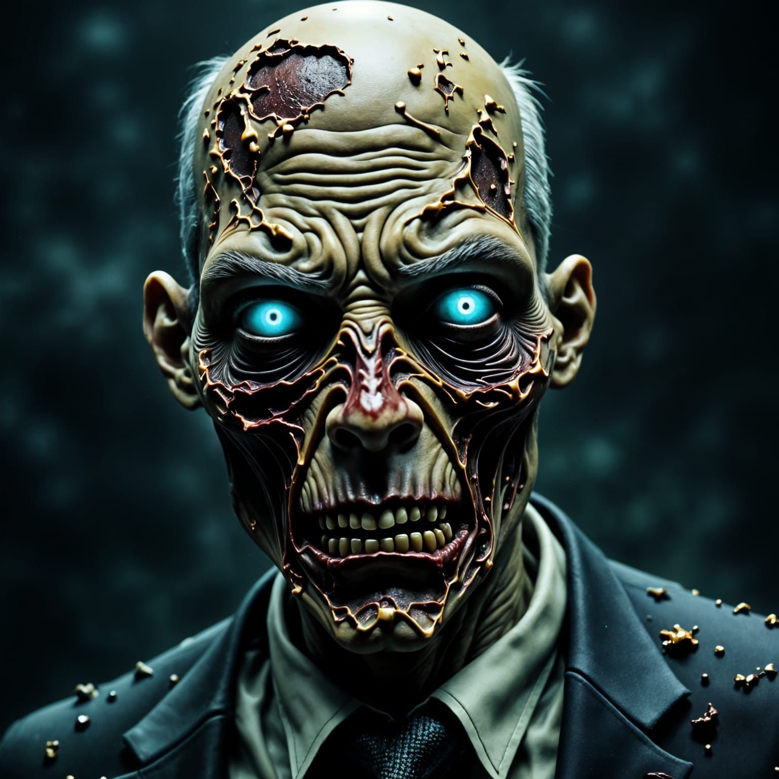 A terrifying ultra-detailed half body portrait of a make zombie with rotting, peeling flesh and exposed muscle. His blue glowing eyes stare ...