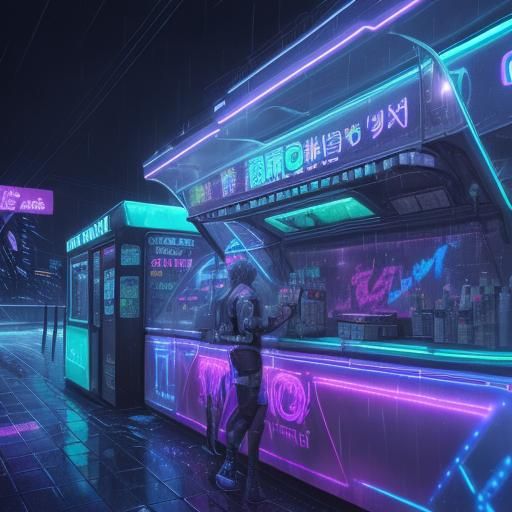 Cyberpunk Food Truck, Neon lights, driving through the rain,...