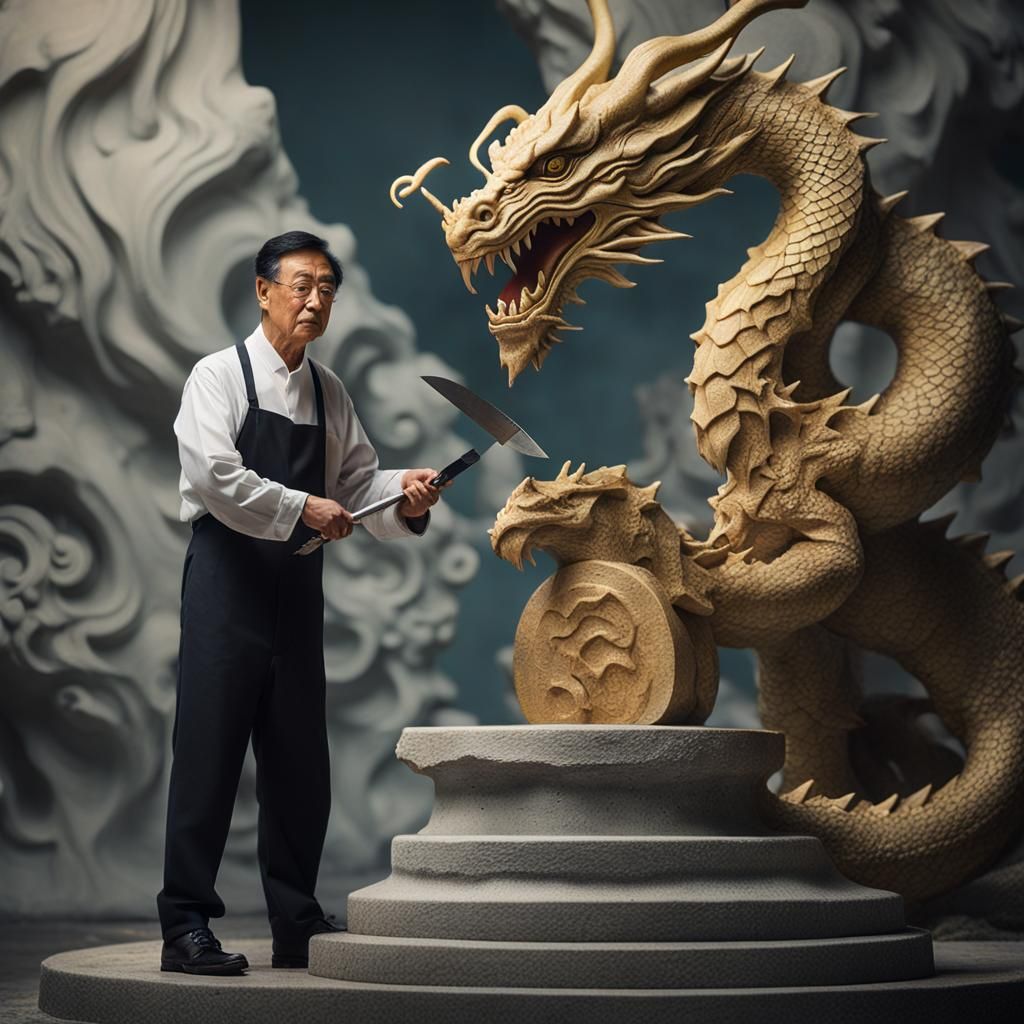 Stone Carver Sculpting Dragon in Surreal Style