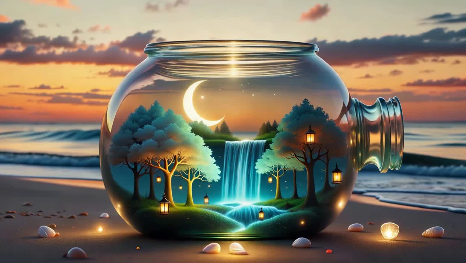 A massive, transparent glass bottle rests on a serene beach as the golden sunset paints the horizon. Inside the bottle i...