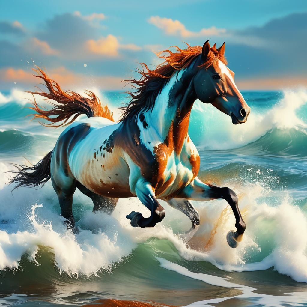 Wild Horse Galloping in Sea: Fantasy Concept Art