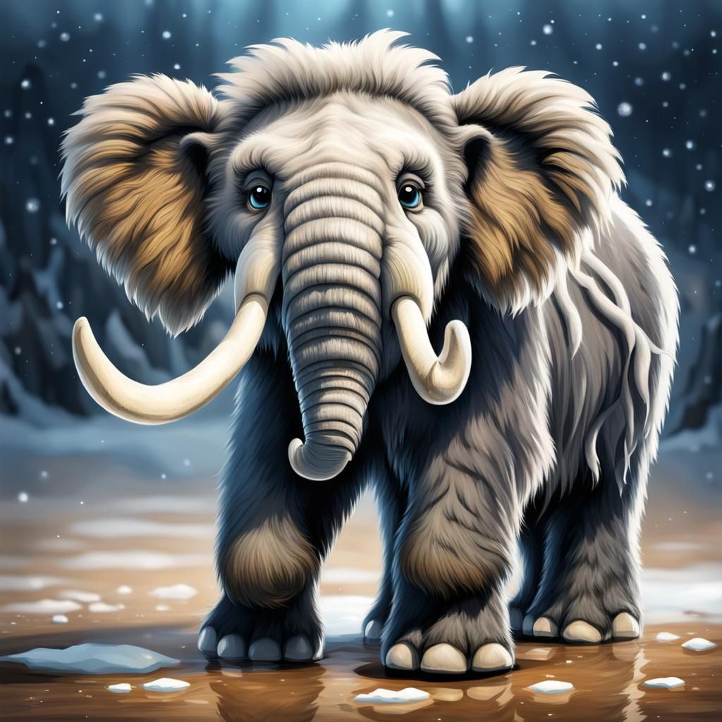 Prehistoric, cute baby woolly mammoth on the ice.  by @Suz
