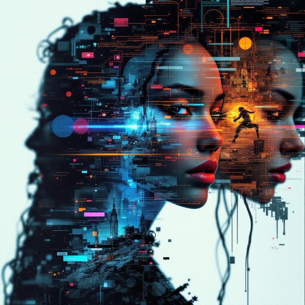 Hyper detailed image of a striking ethnically ambiguous woman glitching through time. Different parts ...  by @Mistymaywrite