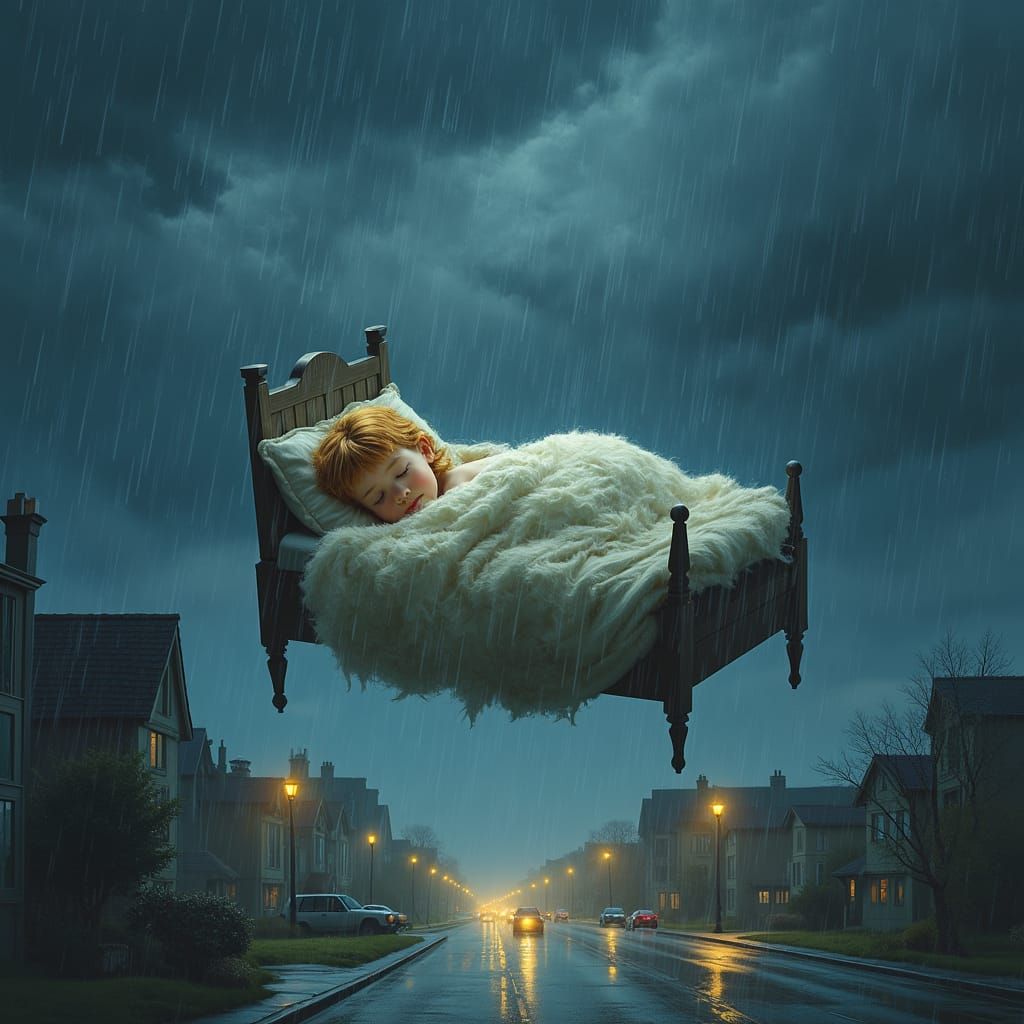 לילה סוער וגשום, כבישים רטובים, קור, ובשמים יש חדר שינה שיש בו מיטה מפנקת ומעליה יושן ילד עם חיוך מלאכי, והילד מכוסה בשמיכת פוך 