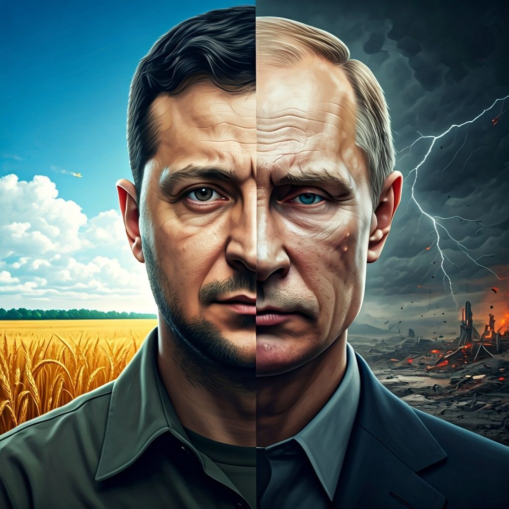 A single split-face portrait, divided vertically in the middle. The left half is Volodymyr Zelensky’s face, confident and determined, with a...