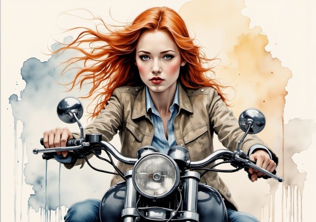 <lora:Watercolor Flux:1.0> Soft textured watercolor centered joyful portrait of a beautiful redhead girl riding a motorcycle. Masterpiece, I...