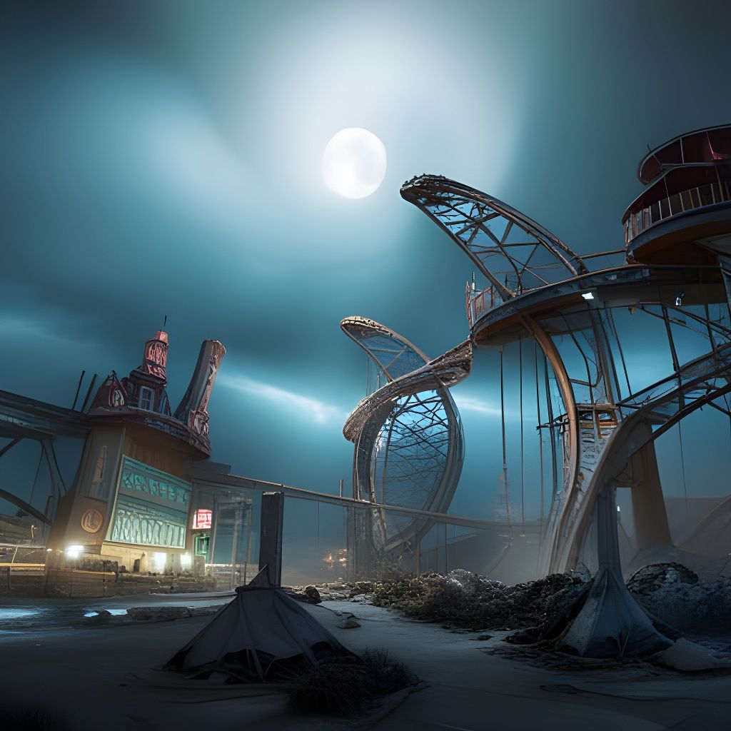 Post apocalyptic wonderland with abandoned amusement rides