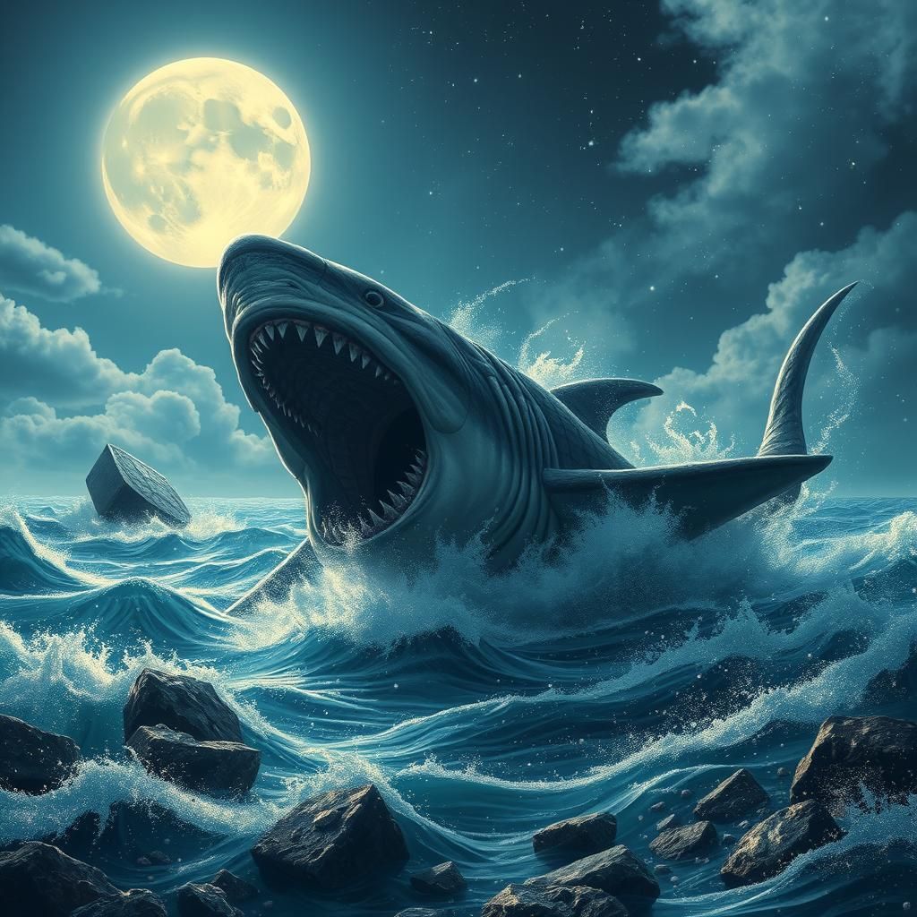 Moonlit Ocean Monster Breaching Surface
