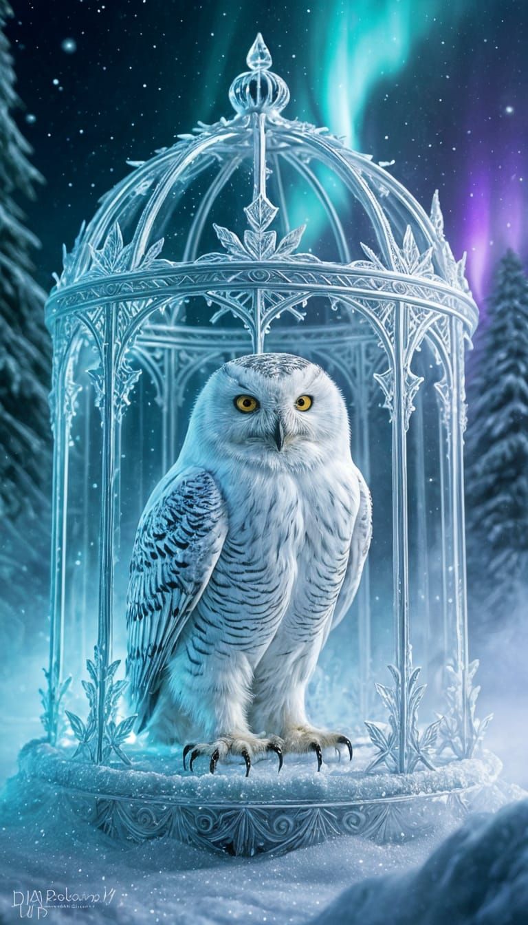 A Snowy Owl in a Cage - its Ice Palace