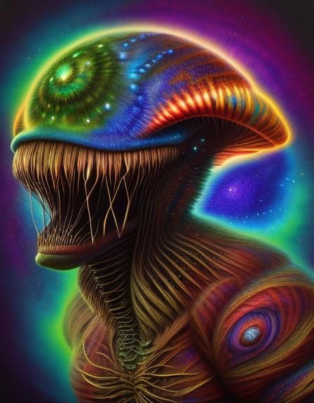 greg craola simkins, andy kehoe, tim burton, wide-shot of a smiling cosmic ugly meat monster, strips of raw rotten meat with <huge eyes: 1.7...