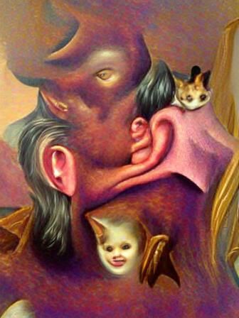 surrealist painting of a tiny demon sitting on man's shoulde...