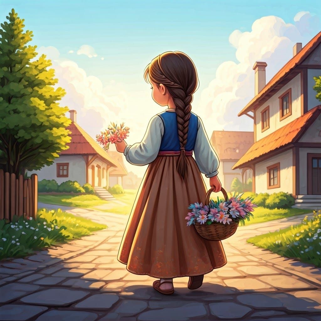Little Girl Walking Village Path with Flowers