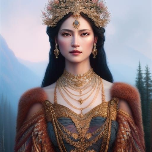 Mountain goddess, intricately detailed and gorgeous fabrics,...