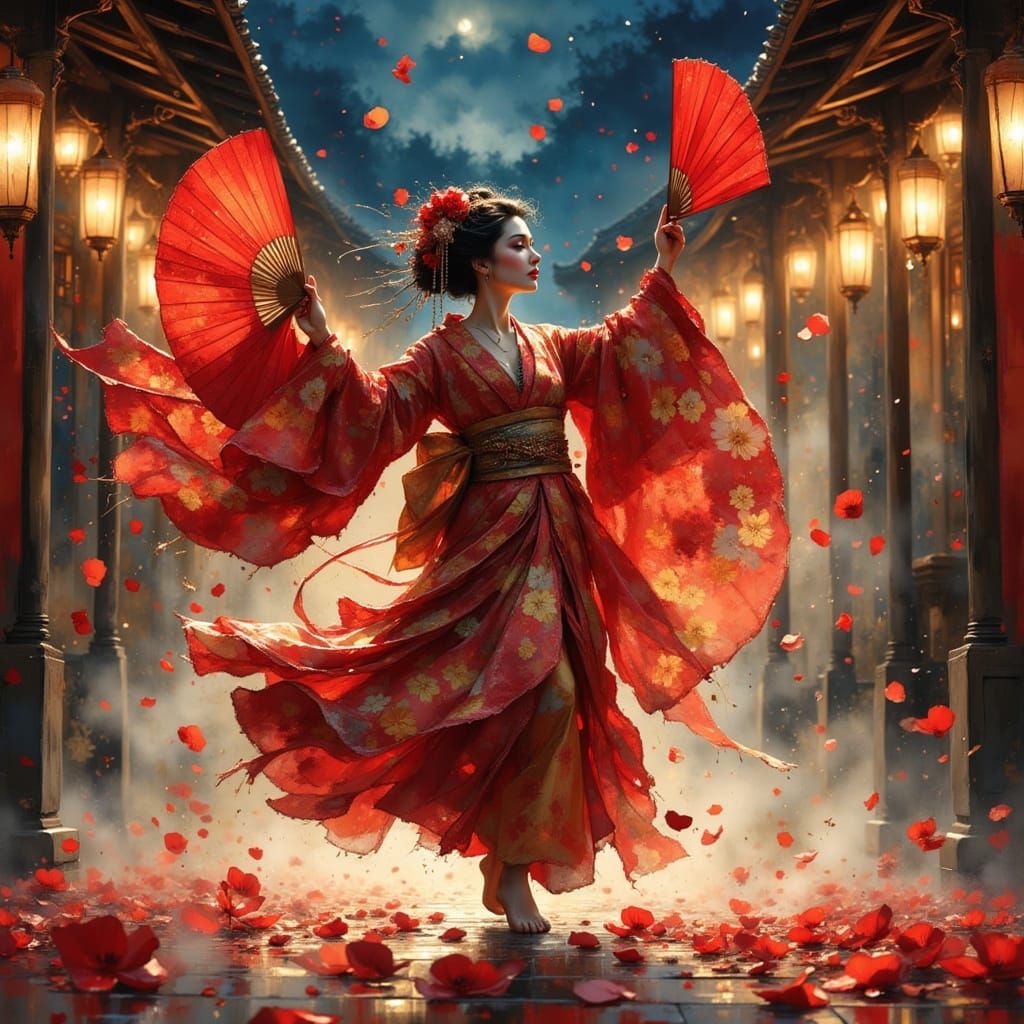 Geisha Dancing Amidst Falling Cherry Blossoms in Pavilion