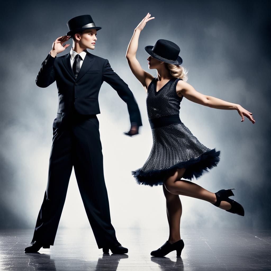 Tap dance couple in tapdance position.
Man is wearing black ...