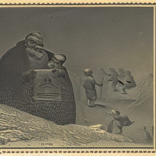 Horrific Trolls in Living Room: Black and White Illustration