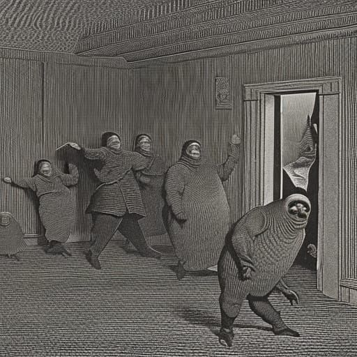 Horrific Trolls in Living Room: Black and White Illustration