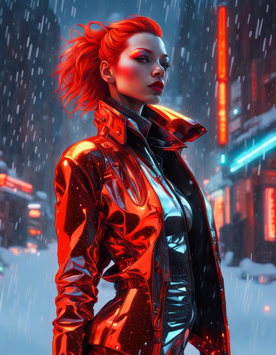 snowy portrait, snow falling, noir, cyberpunk, highly detail...