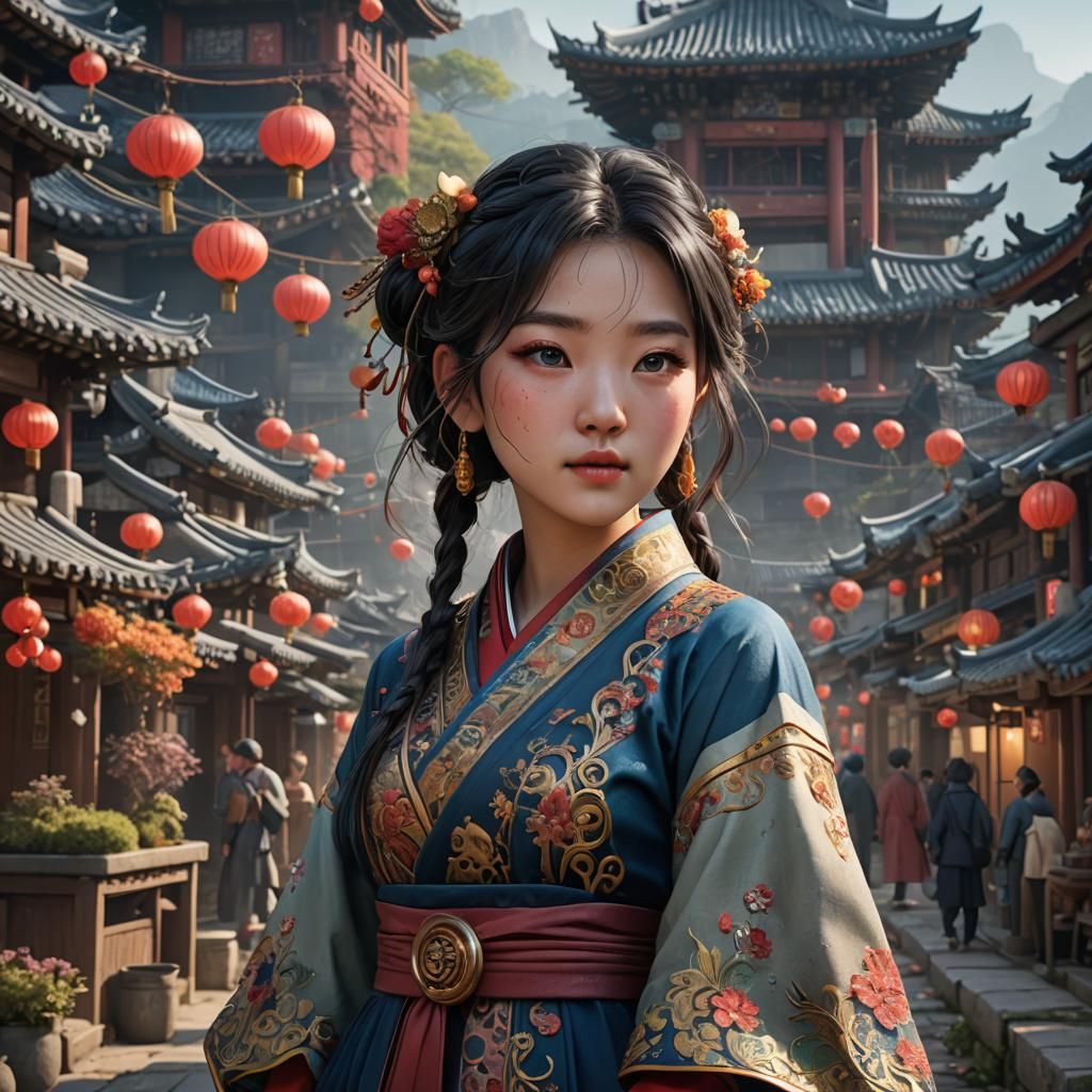Cute Korean Girl in Detailed Matte Painting